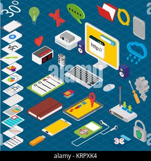 Flat 3d isometric computerized technology workspace infographic concept vector Stock Vector
