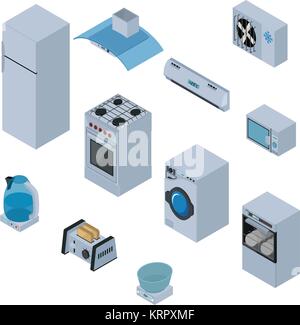 Household appliances isometric icons set with refrigerator, stove, washing machine, dishwasher isolated vector illustration Stock Vector