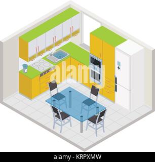 Vector isometric kitchen interior - 3D illustration Stock Vector