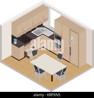 Vector isometric kitchen interior - 3D illustration Stock Vector