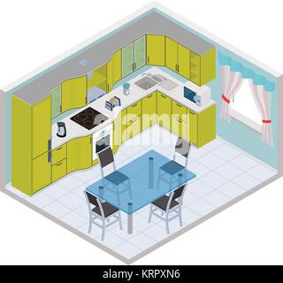 Vector isometric kitchen interior - 3D illustration Stock Vector