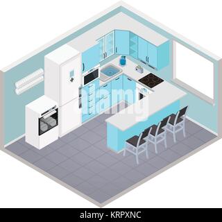 Vector isometric kitchen interior - 3D illustration Stock Vector