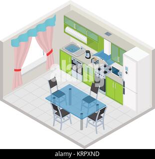 Vector isometric kitchen interior - 3D illustration Stock Vector