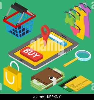 Flat 3d isometric online store e-commerce web infographic concept vector. Internet sale shopping. illustratration EPS 10 Stock Vector