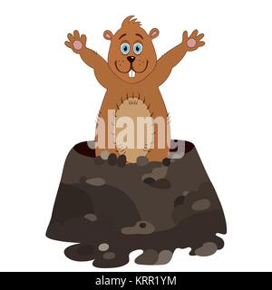 Funny groundhog cartoon. A cute groundhog peeking out of its hole, smiling and waving on Groundhog day. Stock Vector