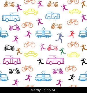 Urban transport - contour seamless pattern with bus, tram, car, motorcycle, bike and man. Stock Vector