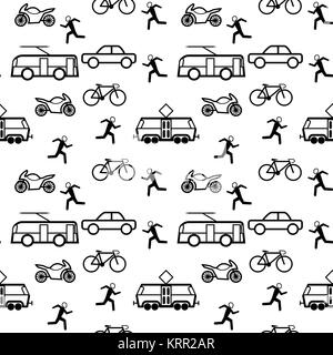 Urban transport - contour seamless pattern with bus, tram, car, motorcycle, bike and man. Stock Vector