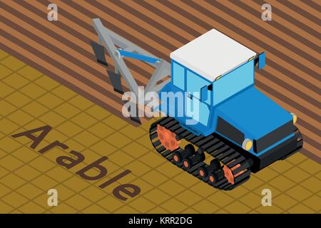 Vector isometric illustration of a agricultural crawler tractor with plow tillage a field. Equipment for agriculture. Stock Vector