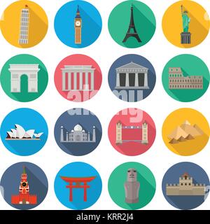 Vector icons of the worlds monuments. Leaning Tower of Pisa, Big Ben, Eiffel Tower, Statue liberty, Triumphal Arch, Brandenburg Gate, Parthenon, Colos Stock Vector