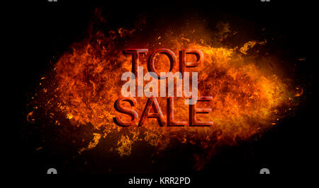 Red Top Sale written on fire flame explosion, black background Stock Photo