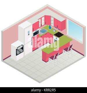 Vector isometric kitchen red color interior - 3D illustration Stock Vector