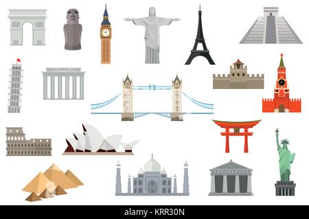 World's monuments. Leaning Tower of Pisa, Big Ben, Eiffel Tower, Statue of liberty, Triumphal Arch, Brandenburg Gate, Parthenon, Colosseum, Opera Hous Stock Vector