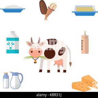 Cow and milk products icons. Food and drink, cheese, butter, ice cream and baby food. Vector illustration Stock Vector