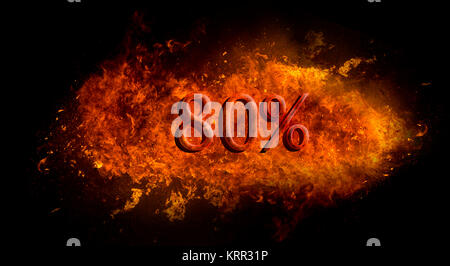 Red 80 percent % on fire flame explosion, black background Stock Photo