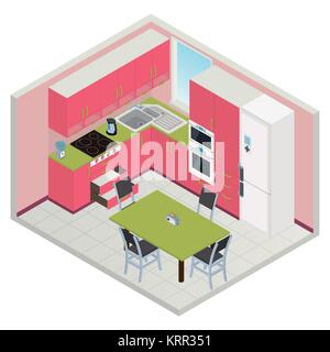 Vector isometric kitchen pink color interior - 3D illustration Stock Vector