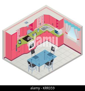 Vector isometric kitchen red color interior - 3D illustration Stock Vector