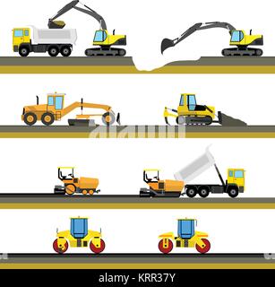 Set of seamless horizontal road construction background with construction equipment icons. Vector illustration Stock Vector