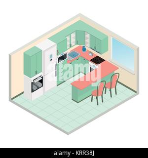 Vector isometric kitchen green color interior - 3D illustration Stock Vector