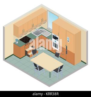 Vector isometric kitchen orange color interior - 3D illustration Stock Vector