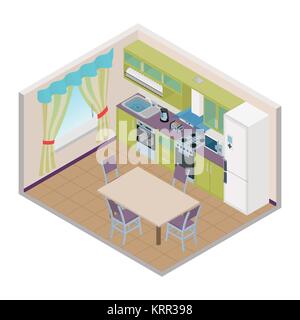 Vector isometric kitchen green color interior - 3D illustration Stock Vector