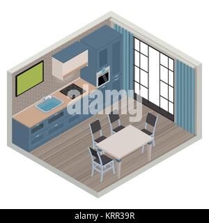 Vector isometric kitchen nautical color interior - 3D illustration. Nautical theme in the interior Stock Vector