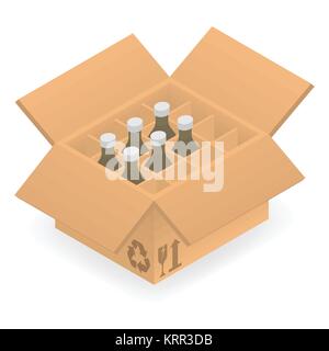 Open cardboard box with bottles inside - Isometric vector illustration. Stock Vector