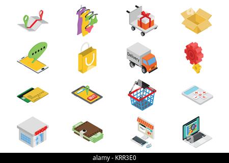 Online shopping - isometric items with clothing, basket, shop, bag, calculator, credit card, processing mechanism, money in wallet, map, desktop pc an Stock Vector