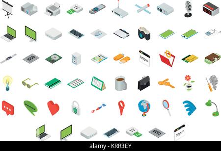 Big set of isometric volumetric of icons on a theme of computer technology and office equipment. Stock Vector