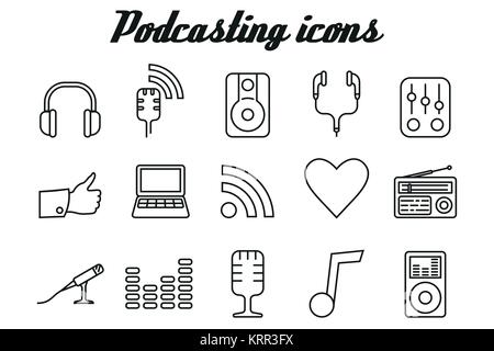 Audio podcasting icons - vector linear symbols for your project Stock Vector