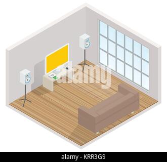 isometric interior of the room with a TV, sofa and window Stock Vector