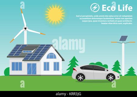 Preserving the environment and using renewable energy sources - solar and wind. Eco house, hybrid car and street lighting. Stock Vector