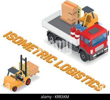 Process of loading and unloading the trucks with a forklift - isometric vector illustration Stock Vector