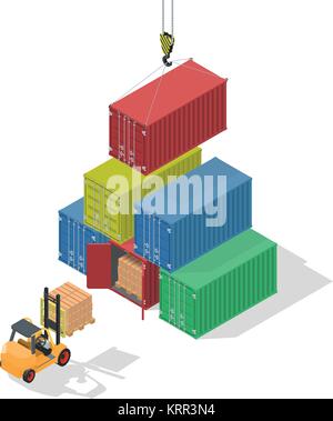 Marine cargo port. Unloading of sea cargo containers by a forklift. Closed containers and one outdoor. Isometric vector illustration. Stock Vector
