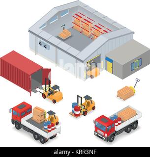 Isometric warehouse interior, inside industrial scales, storage racks. The adjacent area are trucks, forklifts, container and office - vector illustra Stock Vector