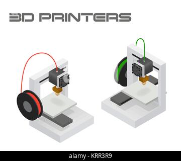 Modern 3D printers in twin isometric projection Stock Vector