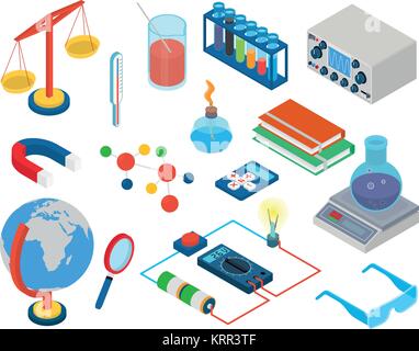 Education and School, Science research lab technology objects icon set flat 3d isometric modern design template. Stock Vector