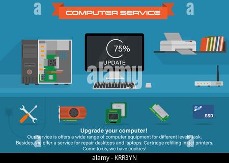 Computer service banner. Running the process of updating. Desktop computer with printer and books. Components with graphic card, processor, RAM and SS Stock Vector