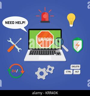 Concept computer technical support service with a laptop infected viruses and trojans. Means of restore functionality. 24-7 Support. Stock Vector