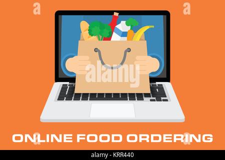 Flat design colorful vector illustration concept for online ordering of food, grocery delivery Stock Vector