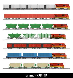 Essential Trains. Collection of freight railway cars. Isolated on white background. Vector illustration Stock Vector