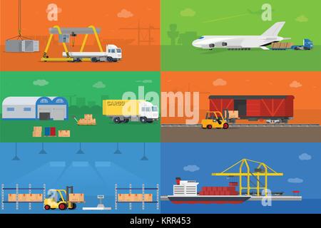 Set of flat vector web banners on the theme of logistics warehouse freight cargo transportation. Vector concept illustration Stock Vector