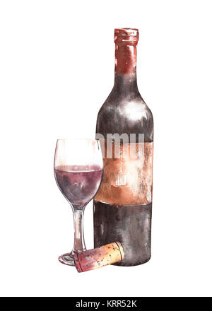 Composition with wine bottle, glass and cork. Isolated on white background. Hand drawn watercolor illustration. Stock Photo