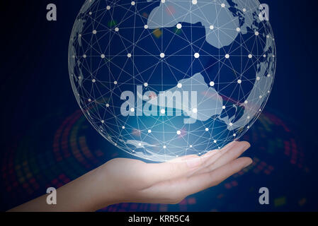 Business women have been working on a three-dimensional world interface in the background of dark, colorful science fiction Stock Photo
