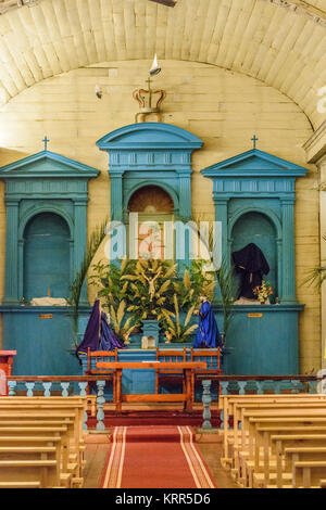 Interior view of wooden church at Chiloe Island, Chile Stock Photo