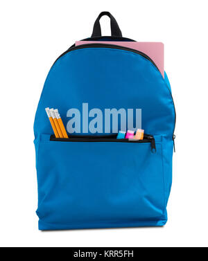Backpack with school supplies, on white background isolated Stock Photo