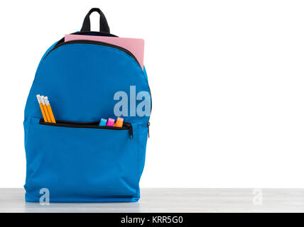 Backpack with school supplies, on white background isolated Stock Photo