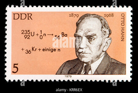 East German (DDR) postage stamp (1979): Otto Hahn (1879 – 1968) German chemist and pioneer in the fields of radioactivity and radiochemistry...... Stock Photo