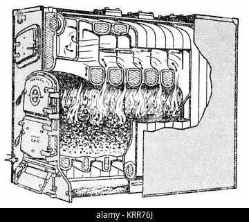 Engraving of a cross section taken through a cast iron hot water boiler.  From an engraving made in the 1890s Stock Photo - Alamy