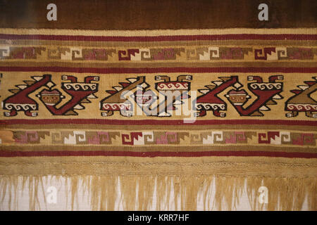 Pre-Incan. Fabric. Probably it is the lower part of a manto. 100-1450. Cotton and wool. Peru. Museum of Cultures of the World.  Spain Stock Photo