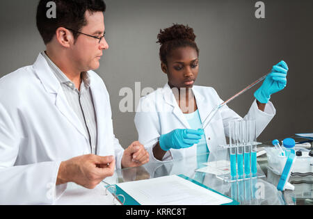 Scientists at work. Focus on the African female scientist or tech. Stock Photo